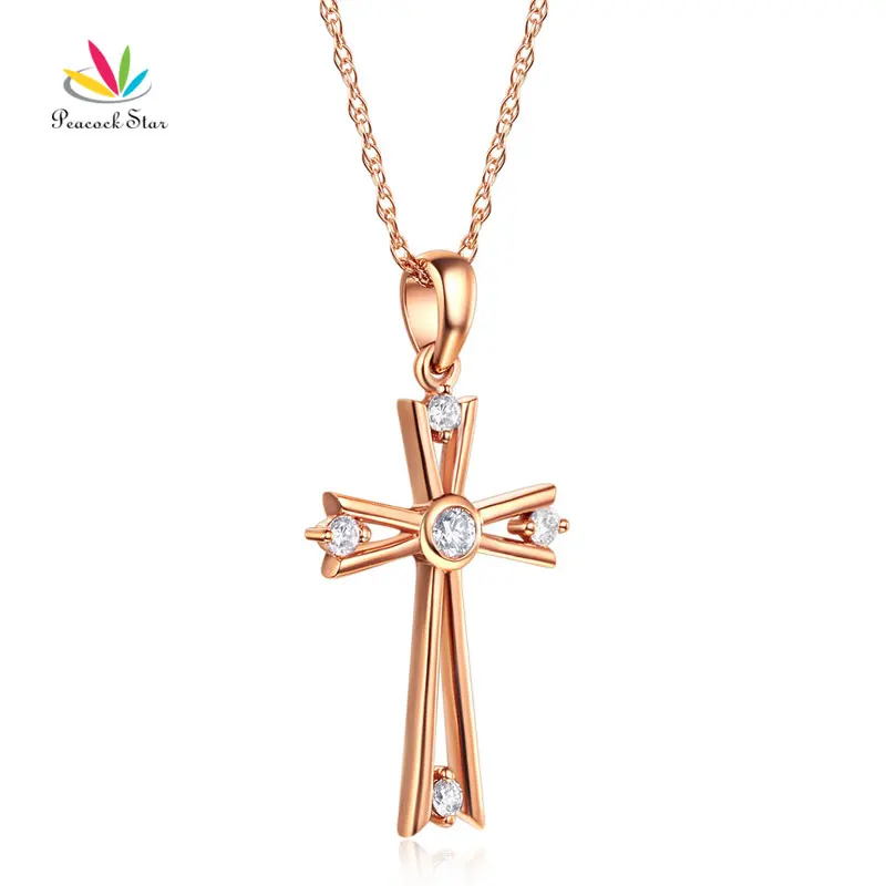 Павлин звезда прекрасный 14K Крест из розового золота кулон ожерелье 0 21 Ct