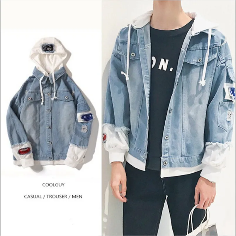 

Denim Jacket men hooded sportswear Outdoors Casual fashion Jeans Jackets Hoodies Cowboy Mens Jacket and Coat Streetwear Style
