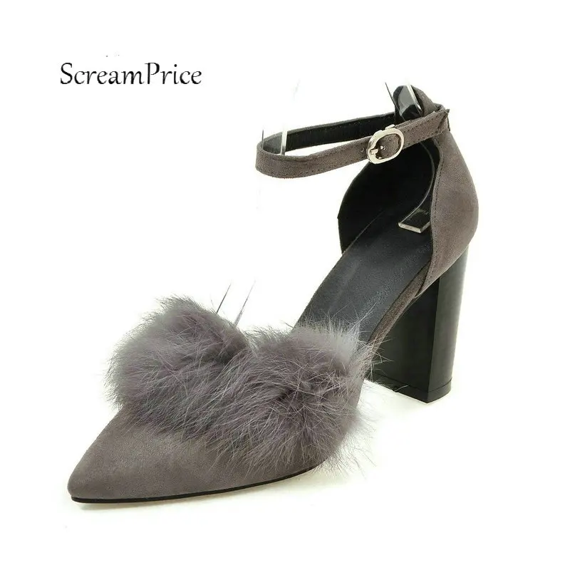 

Women Faux Suede Buckle Strap Thick High Heel Pumps Fashion Pointed Toe Faux Fur Party Shoes Black Red Gray