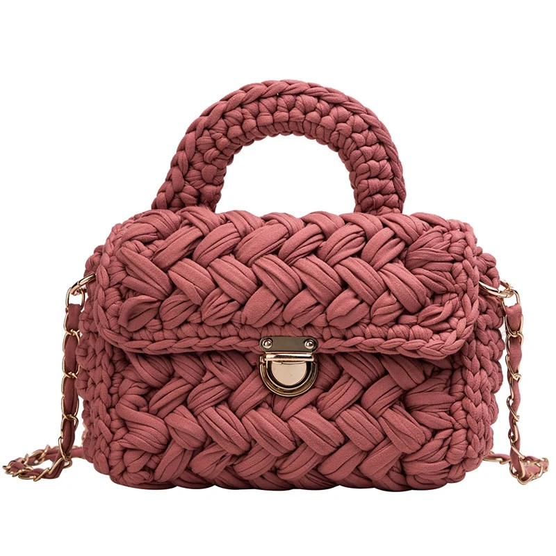 

New Fashion Hot Ins Woven Knitting Handbag Women Flaps Messenger Bag Cotton Fabric Handmade Plait Cover Shoulder Bag