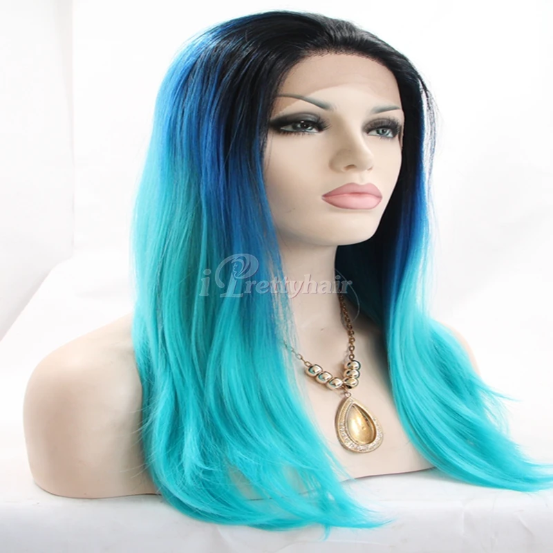 Cheap Long Straight Hair Two Tone Ombre Hair Color Blue Black
