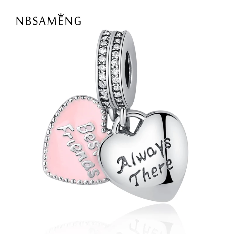 

Authentic 925 Sterling Silver Bead Friendship Heart Hanging Charm Crystal Pink Enamel Pendant Charms Fit Pandora Bracelets