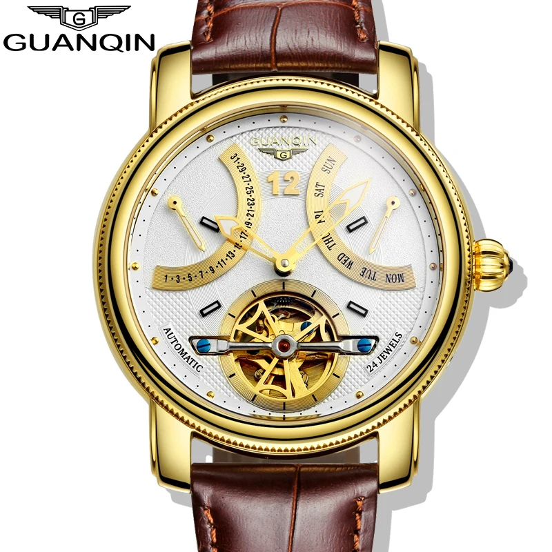 

2016 Luxury Brand GUANQIN Automatic Mechanical Watches Men Waterproof Luminous Watch Calendar Leather Gold Wristwatch