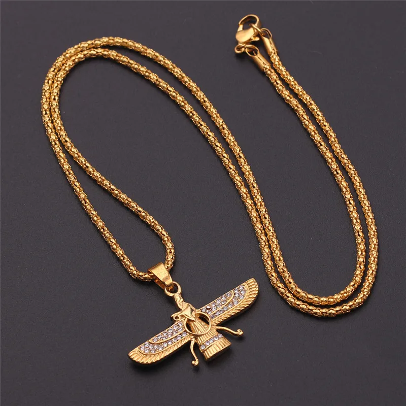 gold color Zoroastrian Farvahar Wing Necklace Pendant alloy Zoroastrianism Persian Achaemenian Men Jewelry necklaces