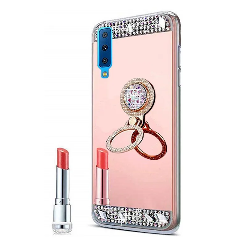 

For Samsung Galaxy A7 2018 case Mirror Ring 3D clear soft Silicone Phone Back Cover holder For Samsung SM-A750F/DS A7 2018 case