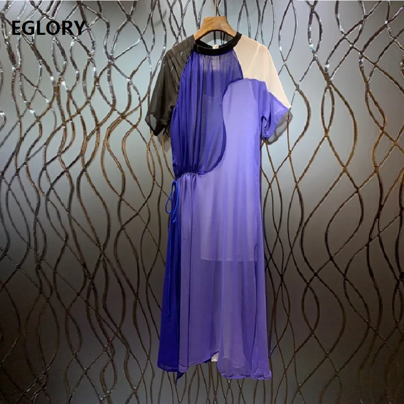 

2019 Summer New Fashion Dress High Quality Women O-Neck Color Block Patchwork Short Sleeve Mid-Calf Length Sexy Sheer Club Dress