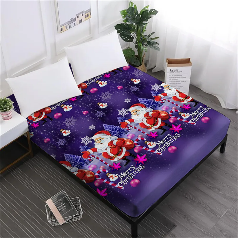  Home Textile Green Christmas Bed Sheet Cute Santa Claus Print Fitted Sheet Cartoon Festival Bedclot