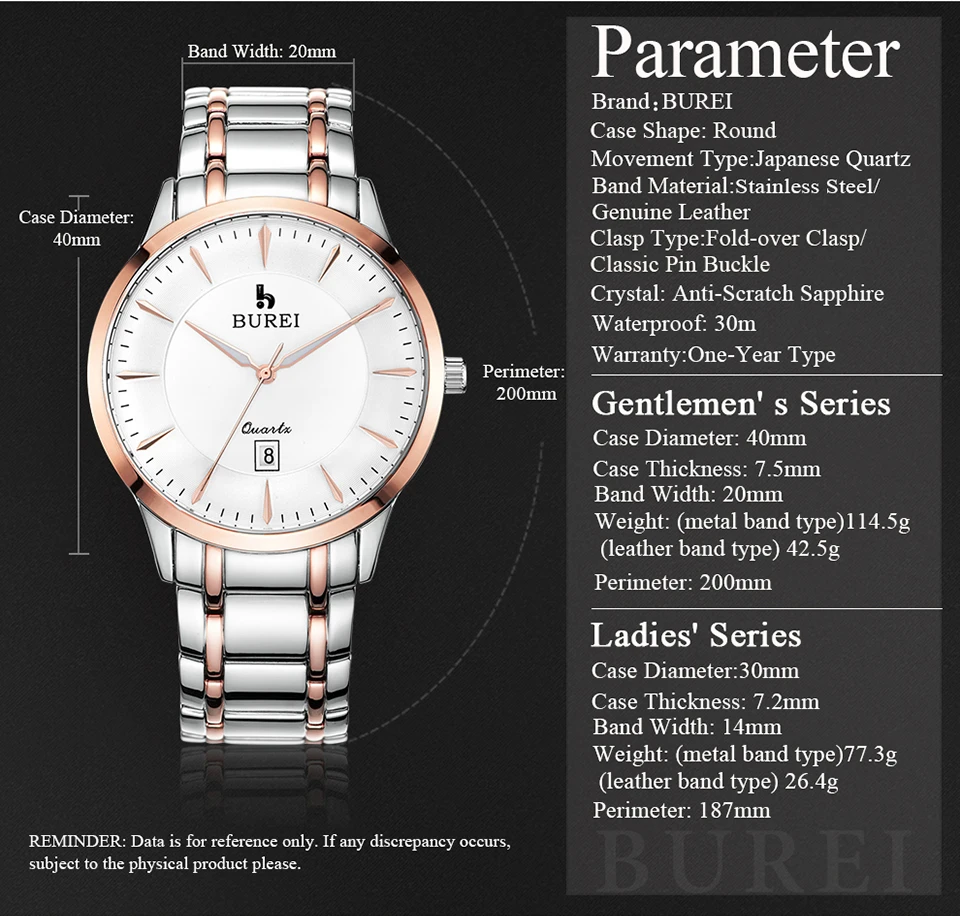 Роскошные Брендовые Часы BUREI для мужчин и женщин, водонепроницаемые часы для влюбленных, повседневные кварцевые наручные часы, Relogio Masculino Feminino