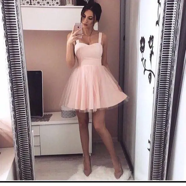 

Pink 2019 Modern Homecoming Dresses A-line Spaghetti Straps Short Mini Tulle Elegant Cocktail Dresses