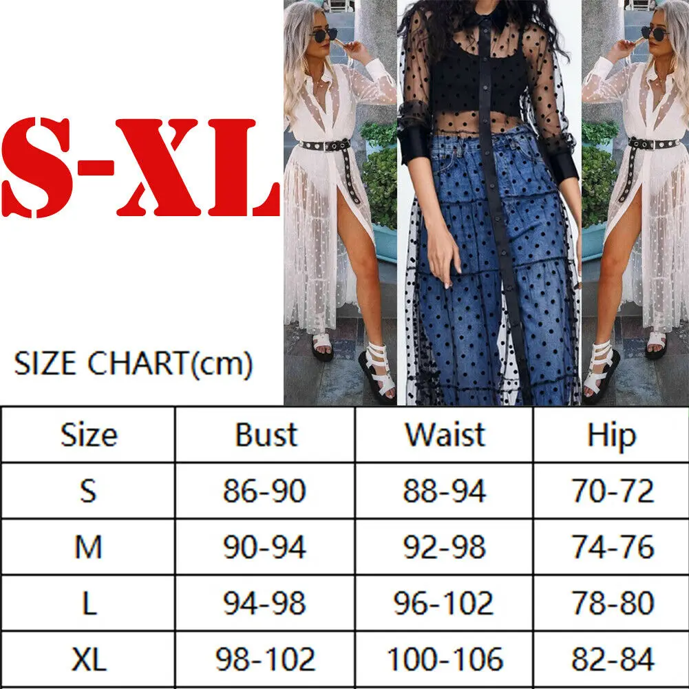 Women Mesh Sheer Transparent Polka Dot Lace Cover up V Neck Button Down Maxi Dress See-through Party Clubwear Beach Dress