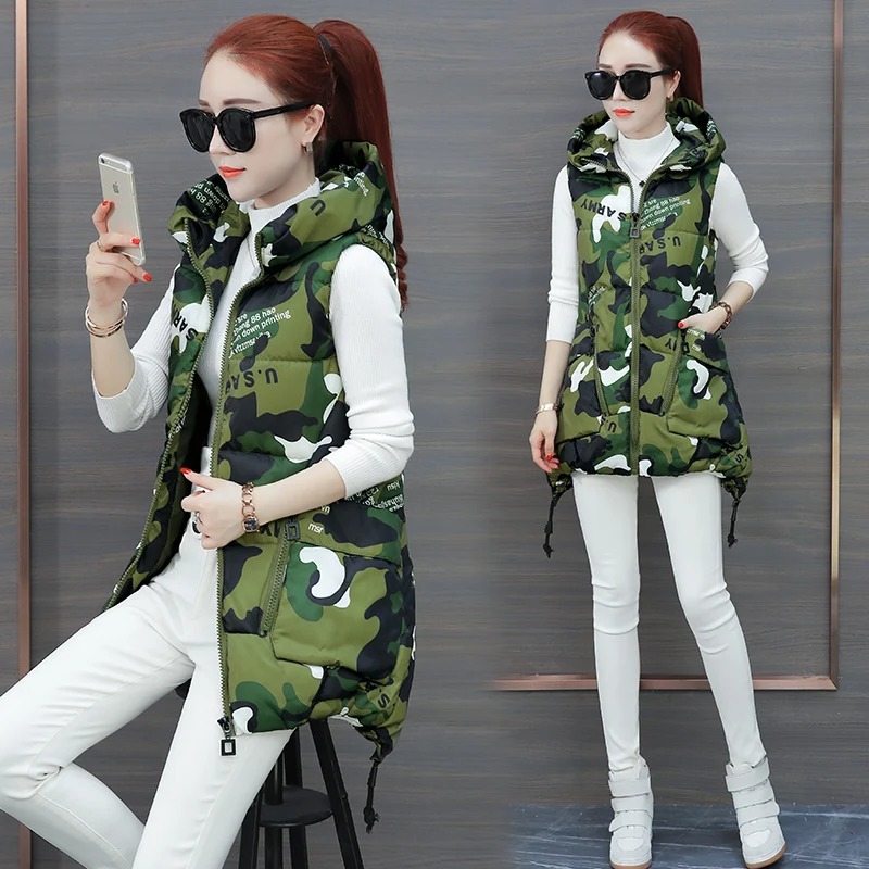 

2018 ZitherGo New sleeveless Cotton Coats Women Long Camouflage Vest Jackets Women Autumn&Winter Warm Vest Outerwears