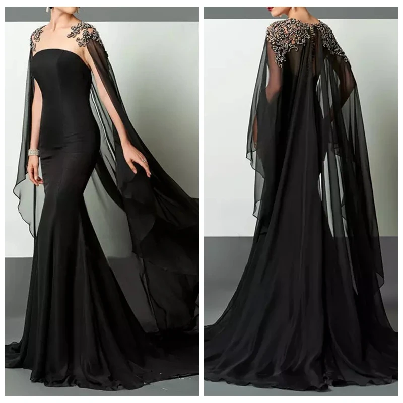 ^Cheap 2019 Sheer Jewel Black Slim Mermaid Prom Jurken Kralen Top Chiffon Lange Vrouwen Avond Party Jurken Speciale Gelegenheid Party Dress
