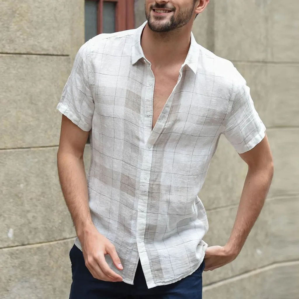 Летняя мужская рубашка, мешковатое хлопковое льняное с короткими рукавами, рубашка в клетку с коротким рукавом, на пуговицах, с отложным