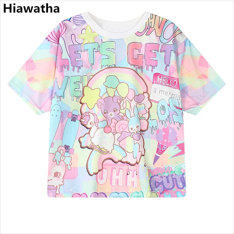 Goede Hiawatha Vrouwen Harajuku Letters Gedrukt T Shirts Toevallige Losse Karakter Korte T Shirt Gilr College Stijl Tops T2452