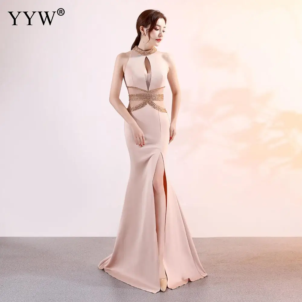 

2019 Sexy Halter Crystal Beaded Bust Waist Mermaid Dress Mesh Hollow Out Split Night Club Evening Dress Elegant Party Long Dress