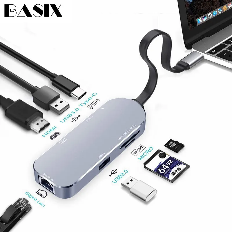 Basix USB 3,1 концентратор типа C к HDMI 4 K 1000 M Rj45 гигабитный Ethernet SD/TF кардридер USB 3,0 концентратор type C зарядка PD порт usb-концентратор