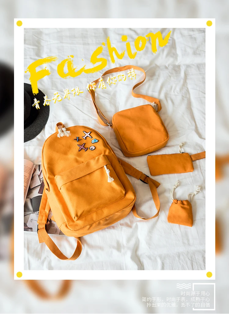 Menghuo 5 Pcsset Women Backpacks Cute Plane Badge School Bags For Teenage Girls Simple Canvas Backpacks Ladies Shoulder Bags (1)