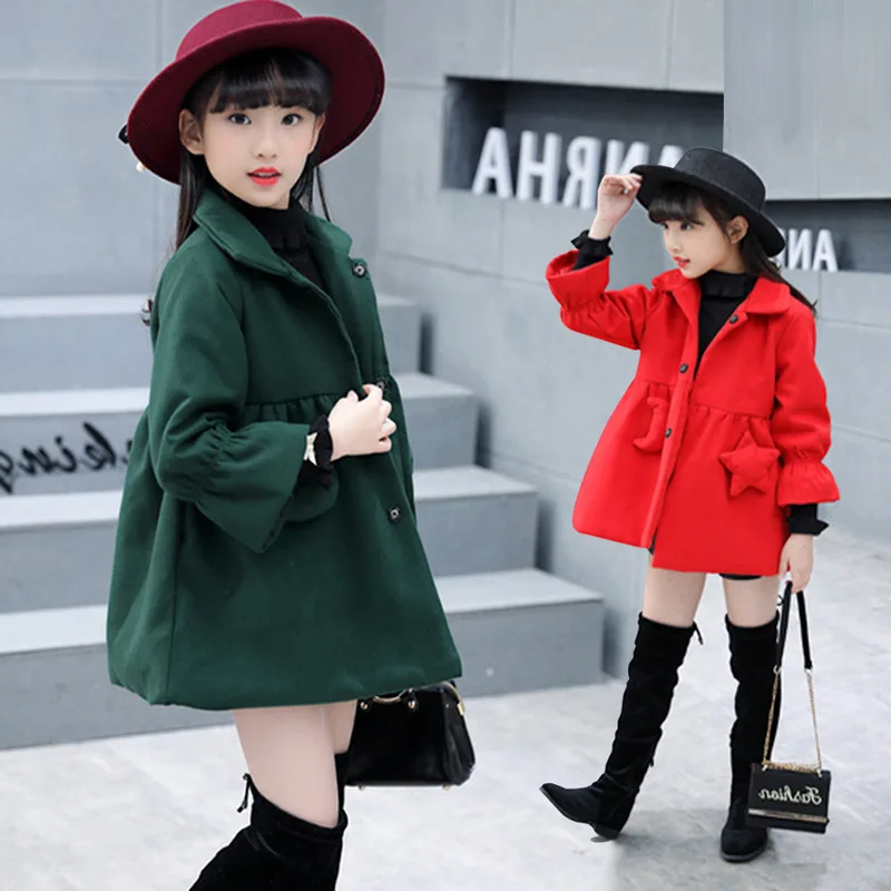 

Girls woolen coat 2018 autumn and winter fashion new girls windbreaker solid color big children children woolen coat warm coat