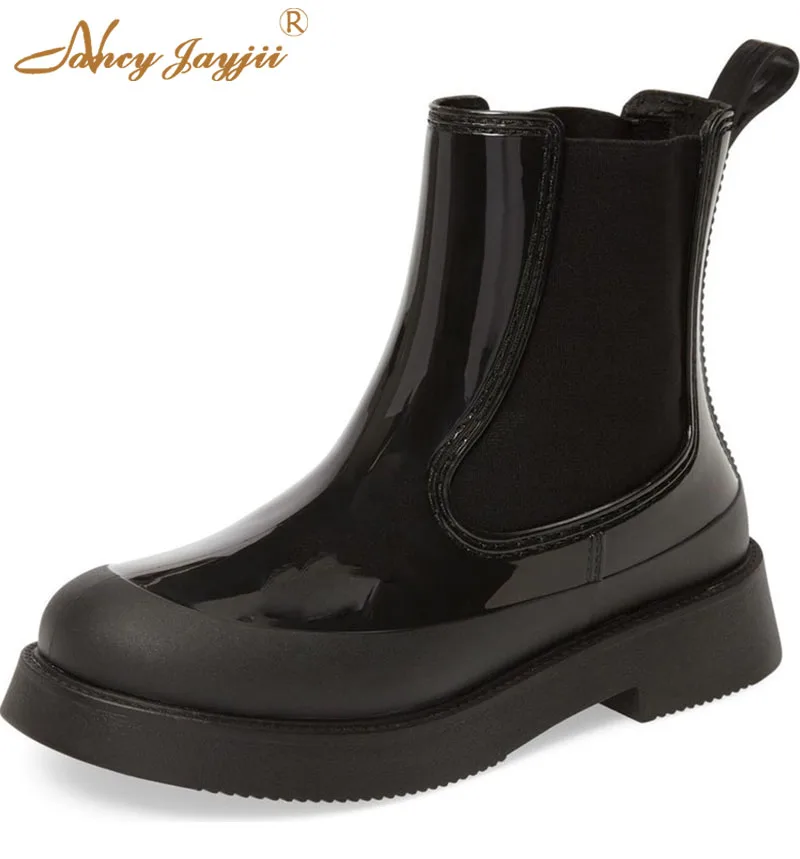 

Nancyjayjii 2018 New Shoes Black Patent Leather Women Ankle Side Elastic band Flat Heels Chelsea boots Woman,Botas Masculino4-16