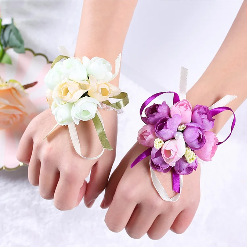 

1Pcs Wrist Flower Rose Silk Ribbon Bride Corsage Hand Decorative Wristband Bracelet Bridesmaid Band Clip Bouquet