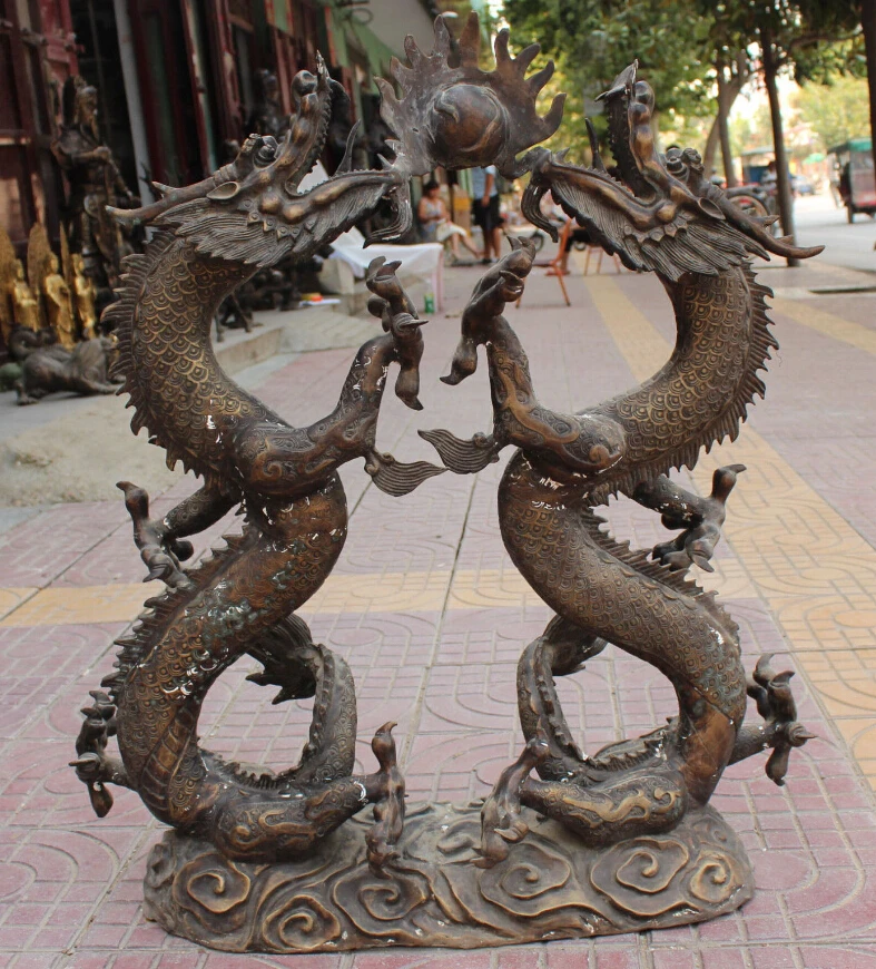 WBY 32&quot Vintage Chinese Bronze Animal Emperor Royalty 2 Dragon Play Ball States | Дом и сад