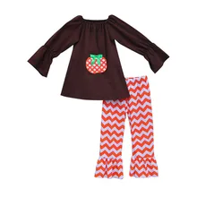 Drop Ship Filles Vêtements Ensembles Mignon Citrouille Pull Tops Orange Chevron Ruche Pantalon Tricoté Coton Halloween Bébé Vêtements H008