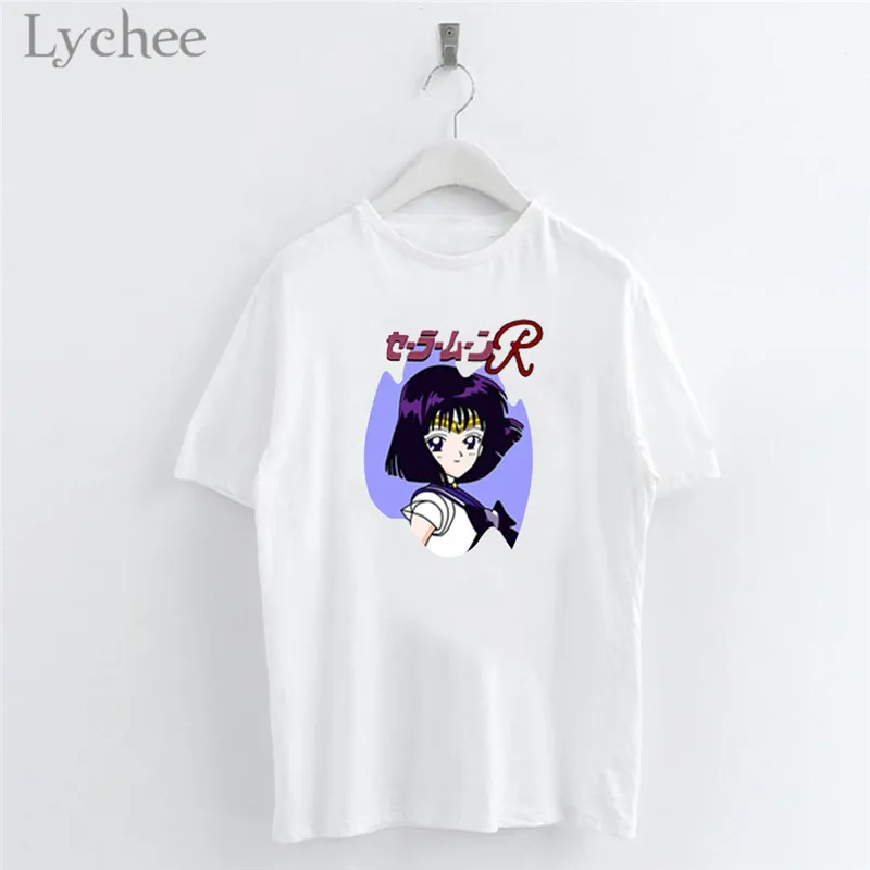 

Lychee Japanese Anime Cartoon Sailor Moon Print Women T-Shirt O-Neck White Short Sleeve T Shirts Casual Tee Top Female