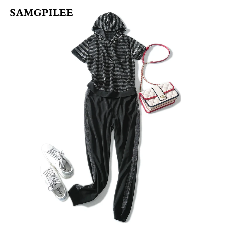 2019 New Summer Short Sleeve Casual Pullover Hooded Collar Elastic Waist Fashion Striped Length Women Set | Женская одежда