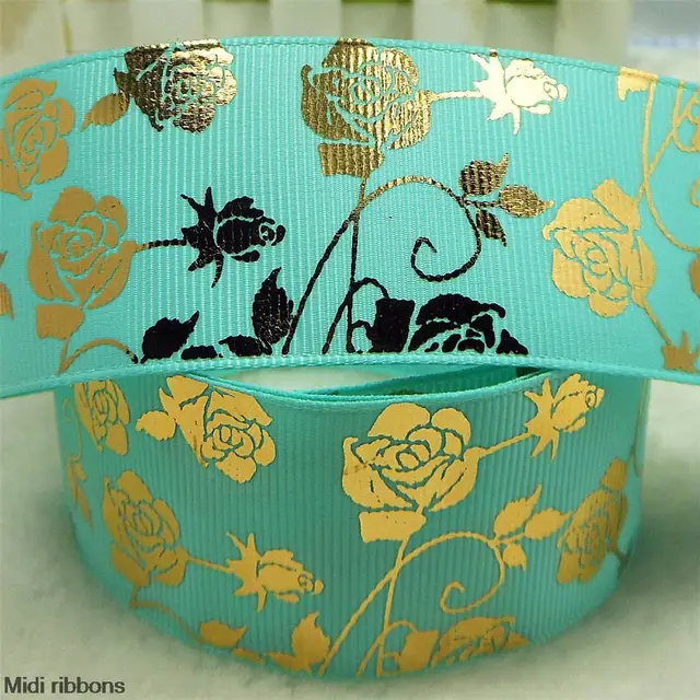 Gold Foil Ribbon 1 1/2" 38mm 50 Yards/Lot Gold Foil Rose Flower Printed