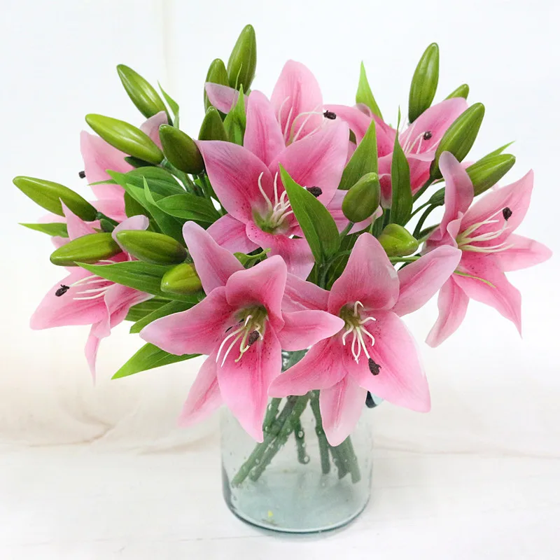 Flone 3 Heads Artificial Lilies Flower Bouquet Simulation Latex lily