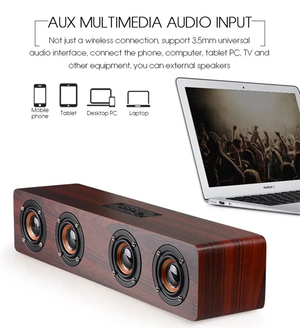 Деревянный Беспроводной Bluetooth Динамик HiFi стерео сабвуфер Bluetooth полочная Динамик s дерево 4 громкий Динамик громкой связи карты памяти AUX