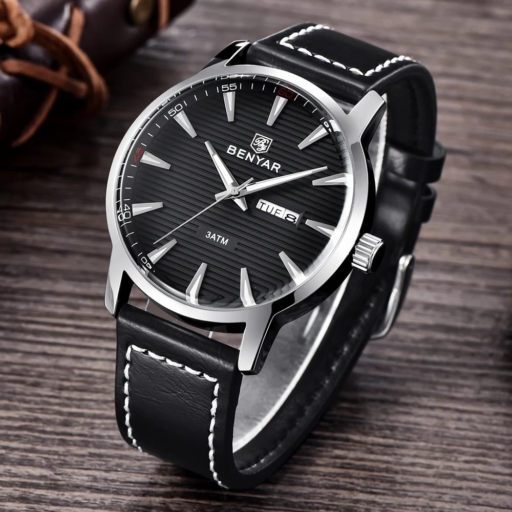 BENYAR Топ люксовый бренд Мужские часы модные водонепроницаемые военные мужские кожаные кварцевые часы Спортивные Повседневные Relogio Masculino