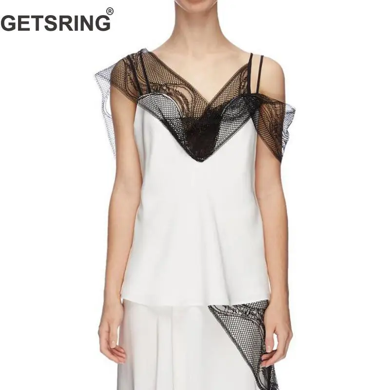 

GETSRING Women Tops Embroidery Lace Spliced V Neck Backless Sexy Tops Fashion All Match Women's Camis Summer Top White 2019 New