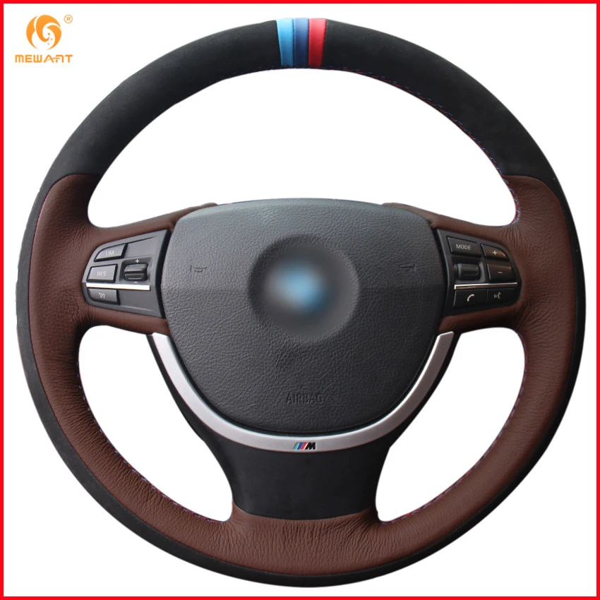 MEWANT Coffee Genuine Leather Black Suede Car Steering Wheel Cover for