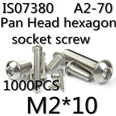 

1000pcs/lot Stainless Steel 304 ISO7380 M2*10 Pan Head Hexagon Socket Button Head Cap Screws