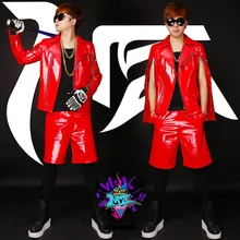 S-5XL! Мужская модная красная лакированная кожаная мотоциклетная куртка на молнии с рукавом, мужские костюмы певицы, официальная одежда