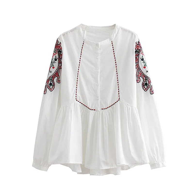 Elegant Womens Flowers Embroidered Printed Long-Sleeved Shirt Stand Collar 2018 New Autumn Cotton High Quality Harajuku Top |