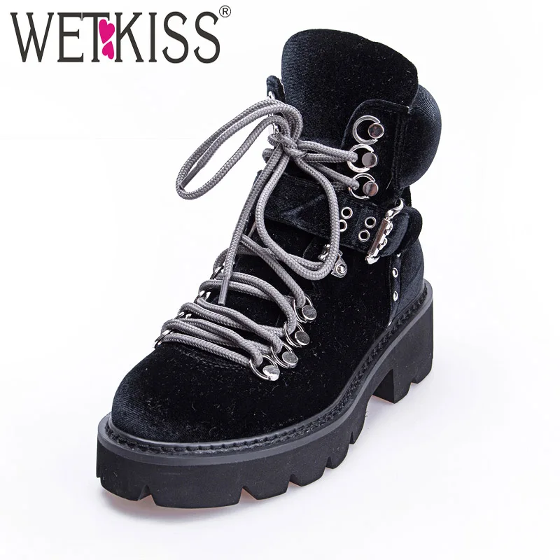 

WETKISS Autumn Pleuche Women Ankle Boots Round Toe Footwear High Heels Female Military Boot Cross Tied Platform Shoes Woman New