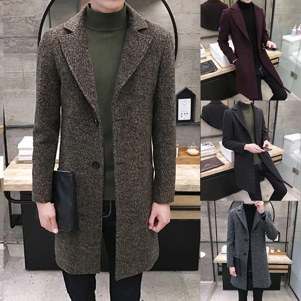 Мужское Формальное однобортное пальто, длинное шерстяное пальто, верхняя одежда, теплая ветровка, мужское пальто, новое Брендовое пальто