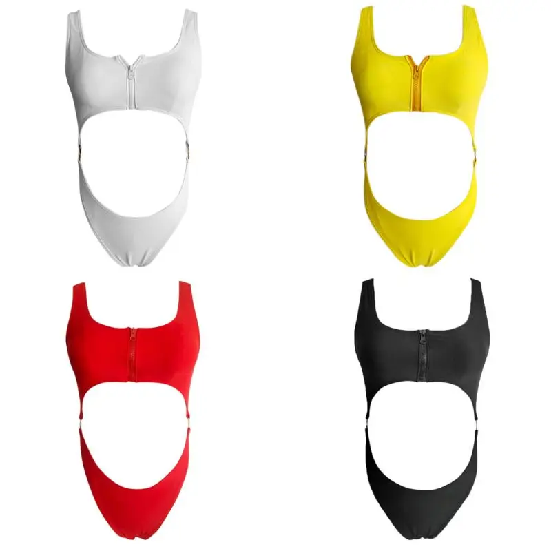 

Women Sexy One Piece Bikini Deep Scoop Neck Push-Up Padded Monokini Hollow Out Zipper Up Swimwear Backless Solid Color Beachwear
