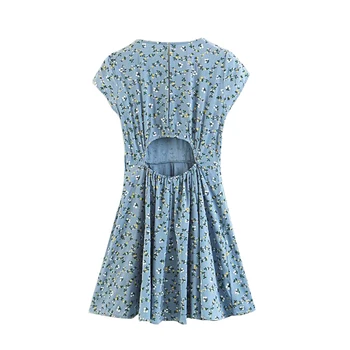 

Deep V-neck Summer Sexy Lady Blue Little Floral Printed Mini Dress Empire Waist Summer Printed Back Hollow Out A-line Mini Dress