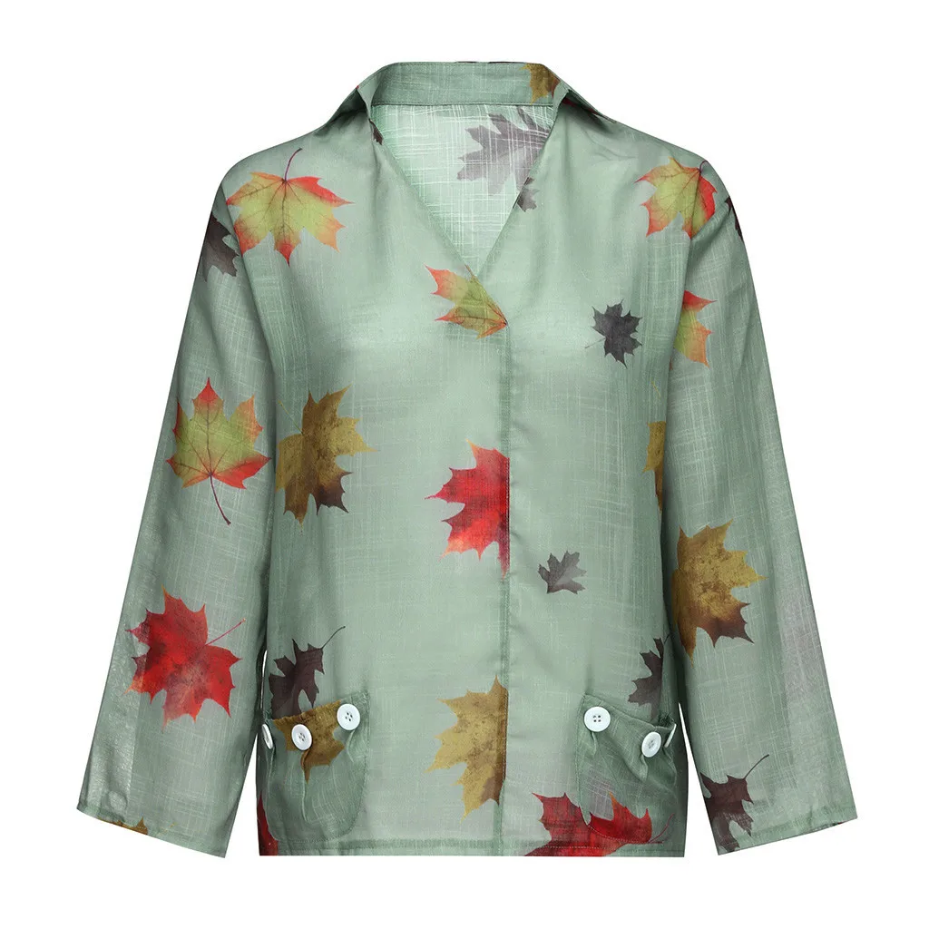 Feitong, женская блузка, свободная, v-образный вырез, листья, принт, карманы, длинный рукав, льняная рубашка, топ, блузка, сорочка, женская блузка, женская рубашка - Цвет: Green