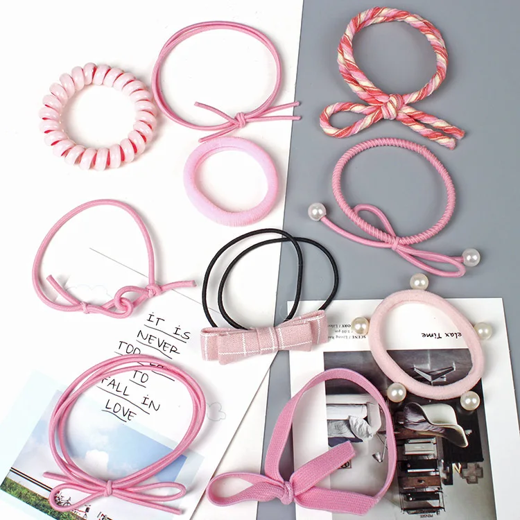 Pink set of High elasticity seamless hairpin hair ropes for girls
