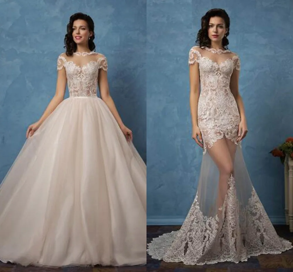 

New 2019 Illusion Sexy Mermaid Wedding Dress With Detachable Skirt Plus Size Two in one Tulle Wedding Dresses Bridal Gown