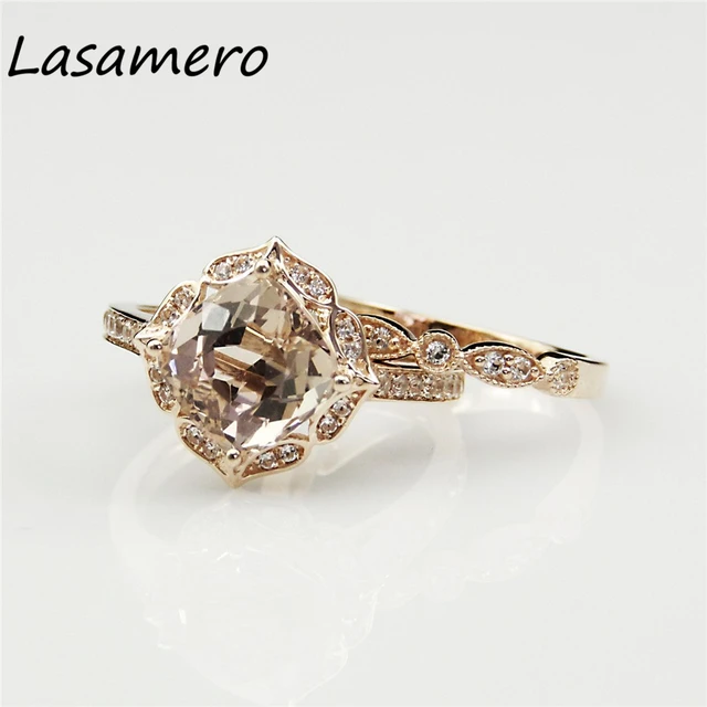 Lasamero Cushion Cut 8x8mm 2 4ct Vintage Filigree Halo Morganite Lasamero Cushion Cut 8x8mm 2 4ct Vintage Filigree Halo Morganite Bridal Set Ring 10k Rose Gold