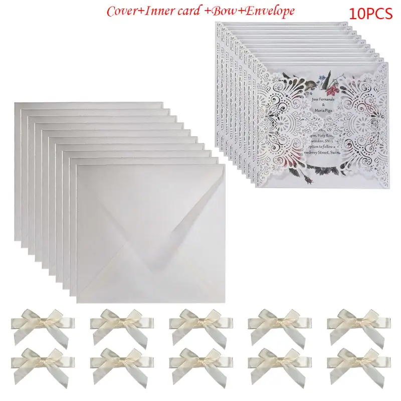  10pcs/set Laser Cut Hollow Invitations Cards Cover Kits With Bow Ribbon For Wedding Bridal Shower B - 33048878176