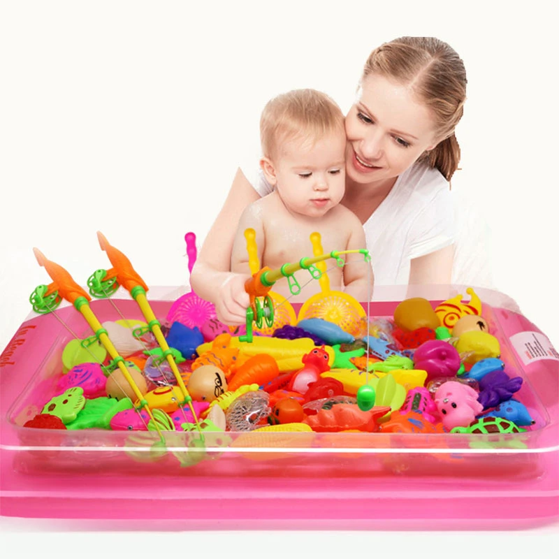 

40pcs Fishes with Inflatable pool Magnetic Fishing Toy Rod Net Set For Kids Child Model Play Fishing Games Gift