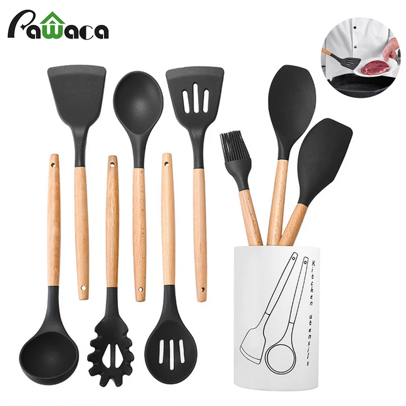 

9/10pcs Kitchen Utensil Set Stainless Steel Wood Silicone Cooking Utensils Non Stick Spatula Spoon Soup Cookware Set with Holder