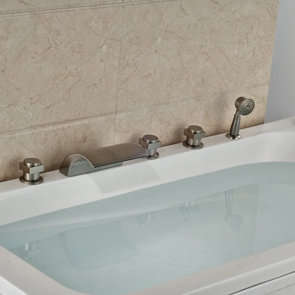 

Widespread Brushed Nickel Tub Faucet 5pcs With Three Handles Swivel Spout Deck Mounted
