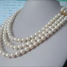 3 нити 7-8 мм натуральный культивированный пресноводный hhite круглый жемчуг ожерелье 1" 18" 19"